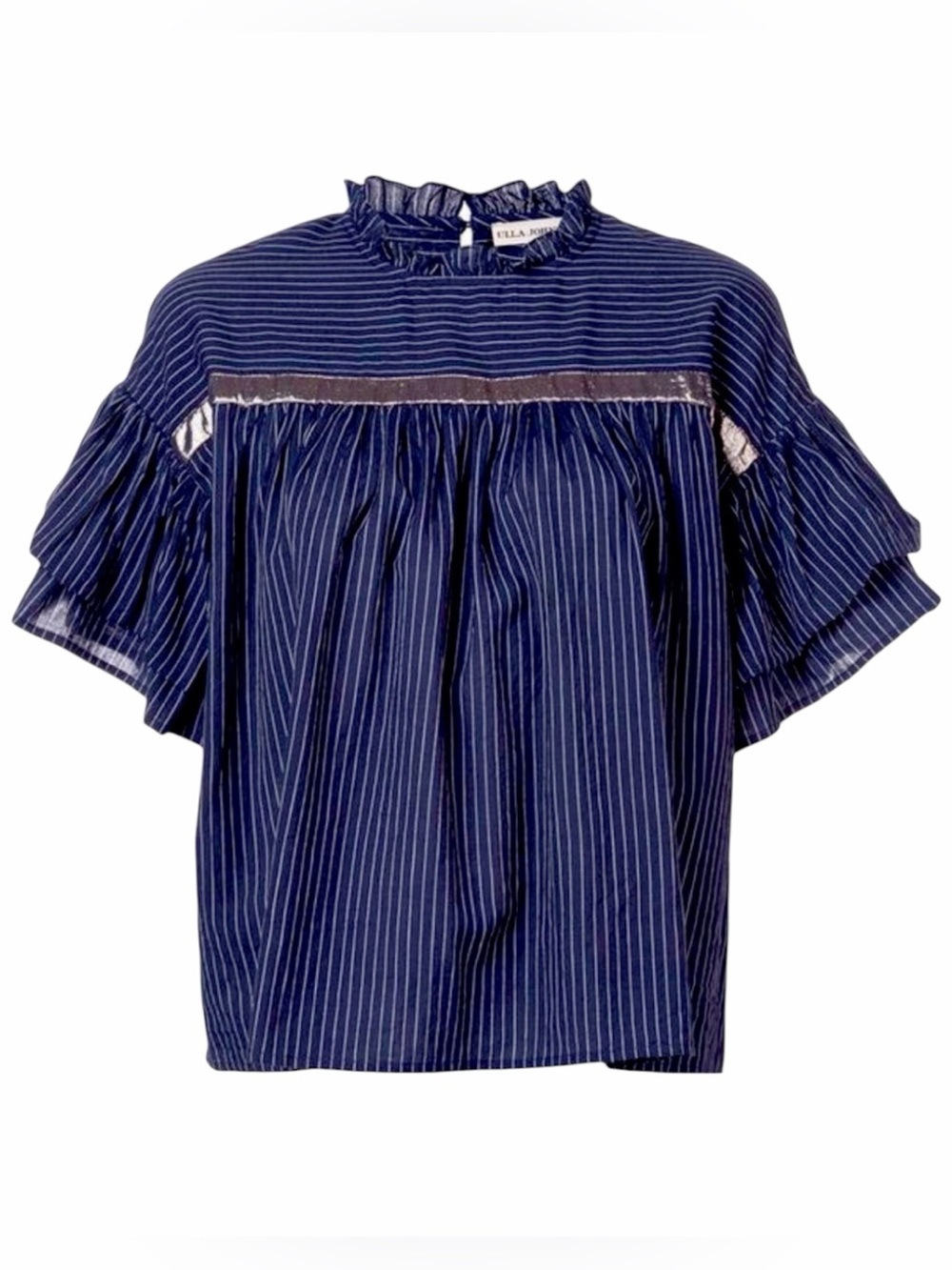 ULLA Johnson Oversized Striped Short Sleeve Blouse Navy Blue